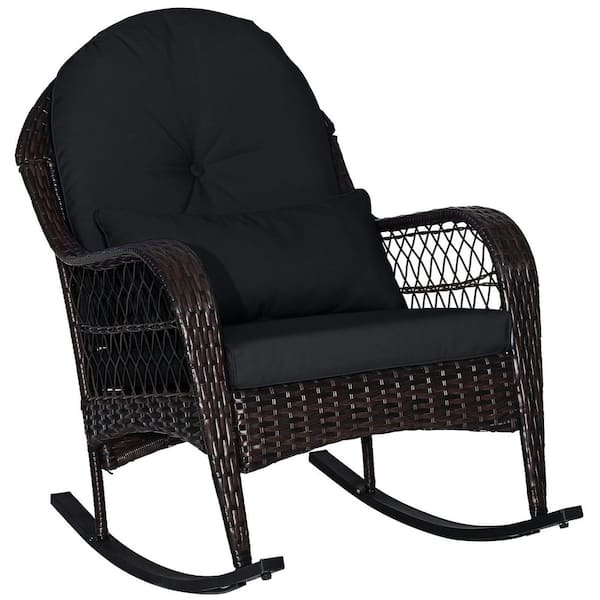 Mix Brown Wicker Outdoor Rocking Chair with Seat Back Cushion and Waist Pillow, Black