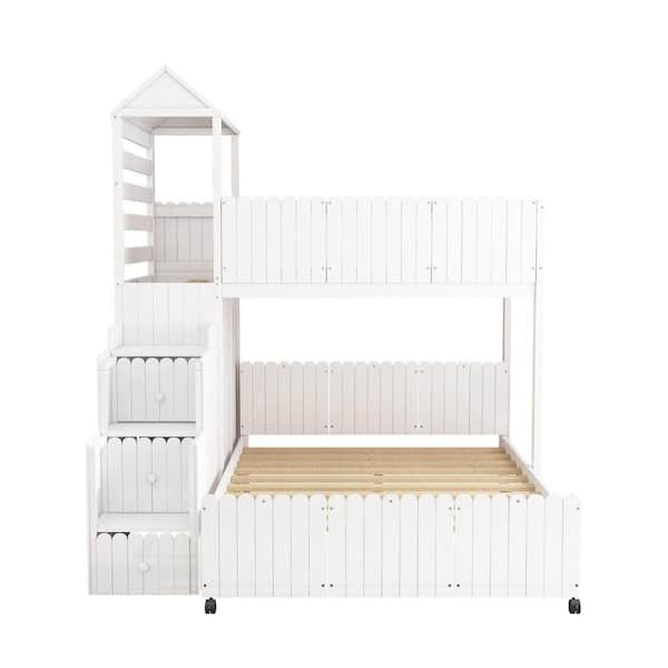 MOJAY White Twin Over Full Bunk Bed with 2-Shelves and 7-Drawers