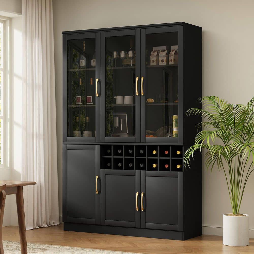 Black 47.24 in. W Wine Bar Cabinet with Glass Doors, Removable 14-Bottle Wine Rack and Built-in Door Shelves