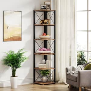 Jannelly 70.8 in. Rustic Brown Wood and Black Metal Frame 6 tier Radial Corner Shelves Bookcase Storage Rack Plant Stand