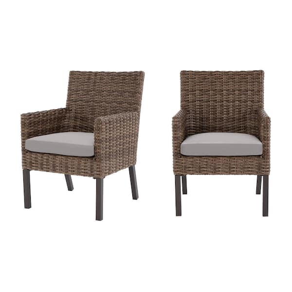 Hampton Bay Fernlake Brown Wicker Outdoor Patio Stationary Dining Chair with CushionGuard Stone Gray Cushions (2-Pack)