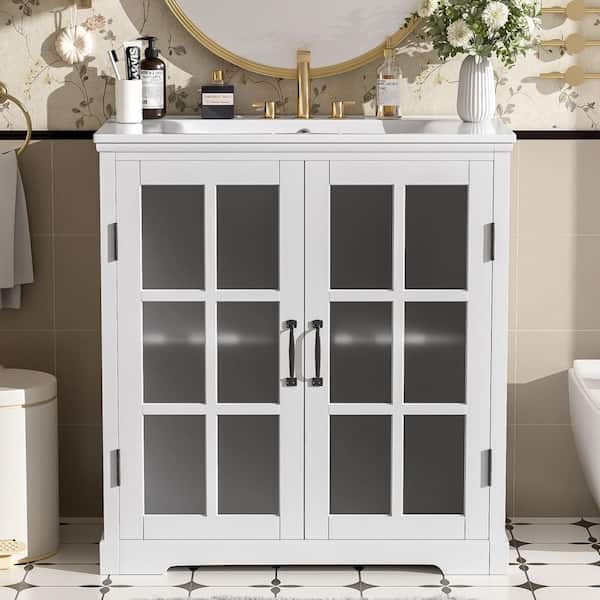 30 in. Single Sink Freestanding White Bath Vanity with White Ceramic Top and 2-Glass Door and Adjustable Shelf Assembled