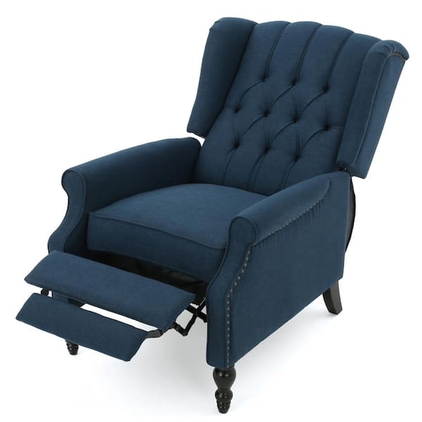 Noble House Walter 28 in. Width Big and Tall Dark Blue Polyester Nailhead Trim Wing Chair Recliner
