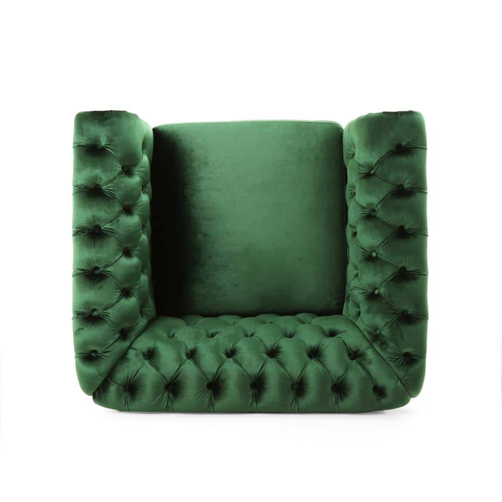Emerald Velvet Chesterfield Accent Chair with Birch Wood Legs