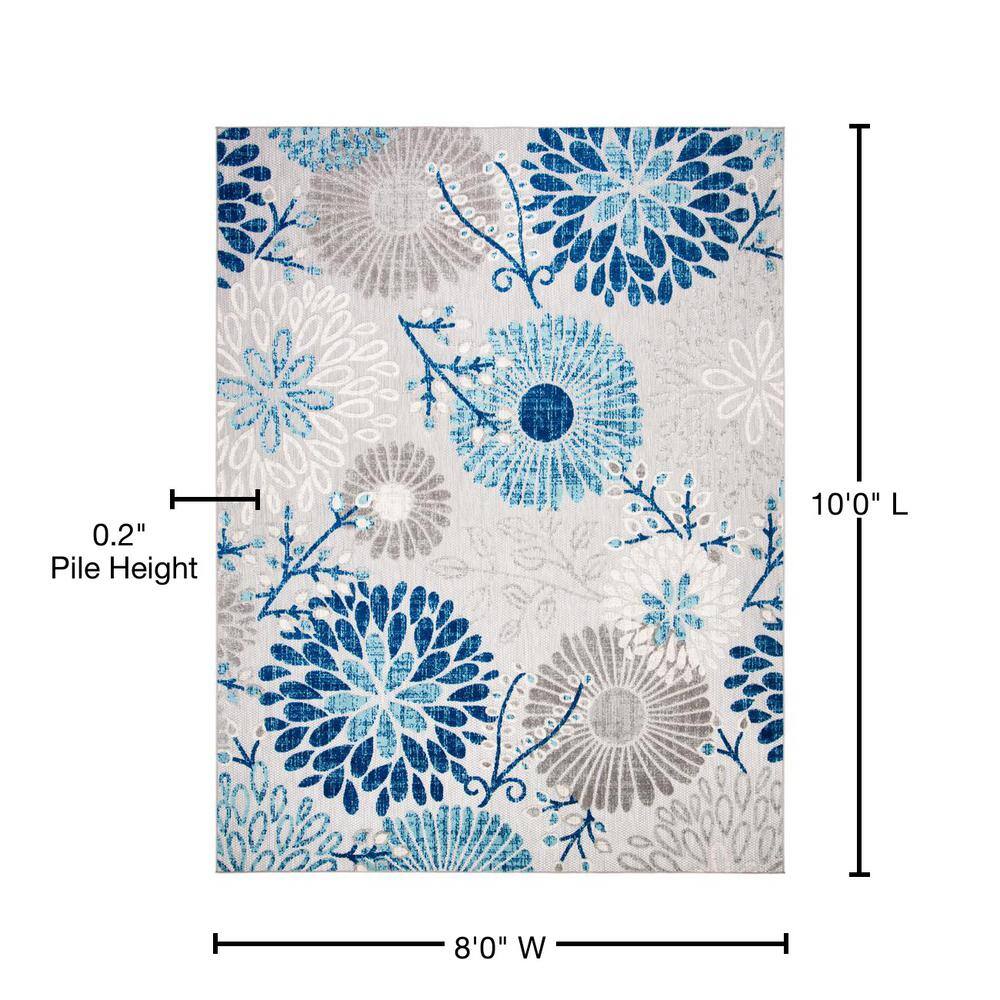 Grey and Blue Floral Synthetic 8' x 10' Reversible Area Rug