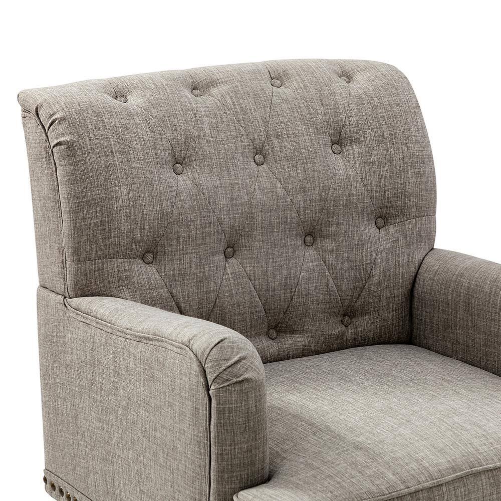 Gray Tufted Polyester Accent Chair with Nailhead Trim and Wooden Legs