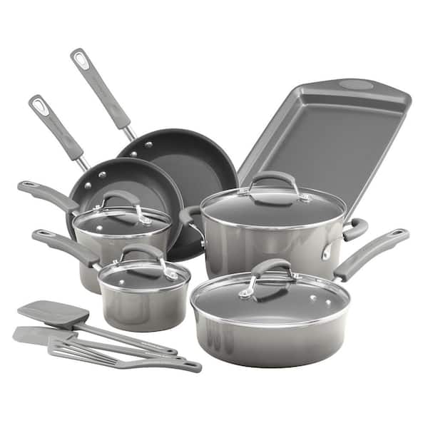 Rachael Ray Classic Brights 14-Piece Gray Porcelain Nonstick Cookware Set with Bakeware and Tools