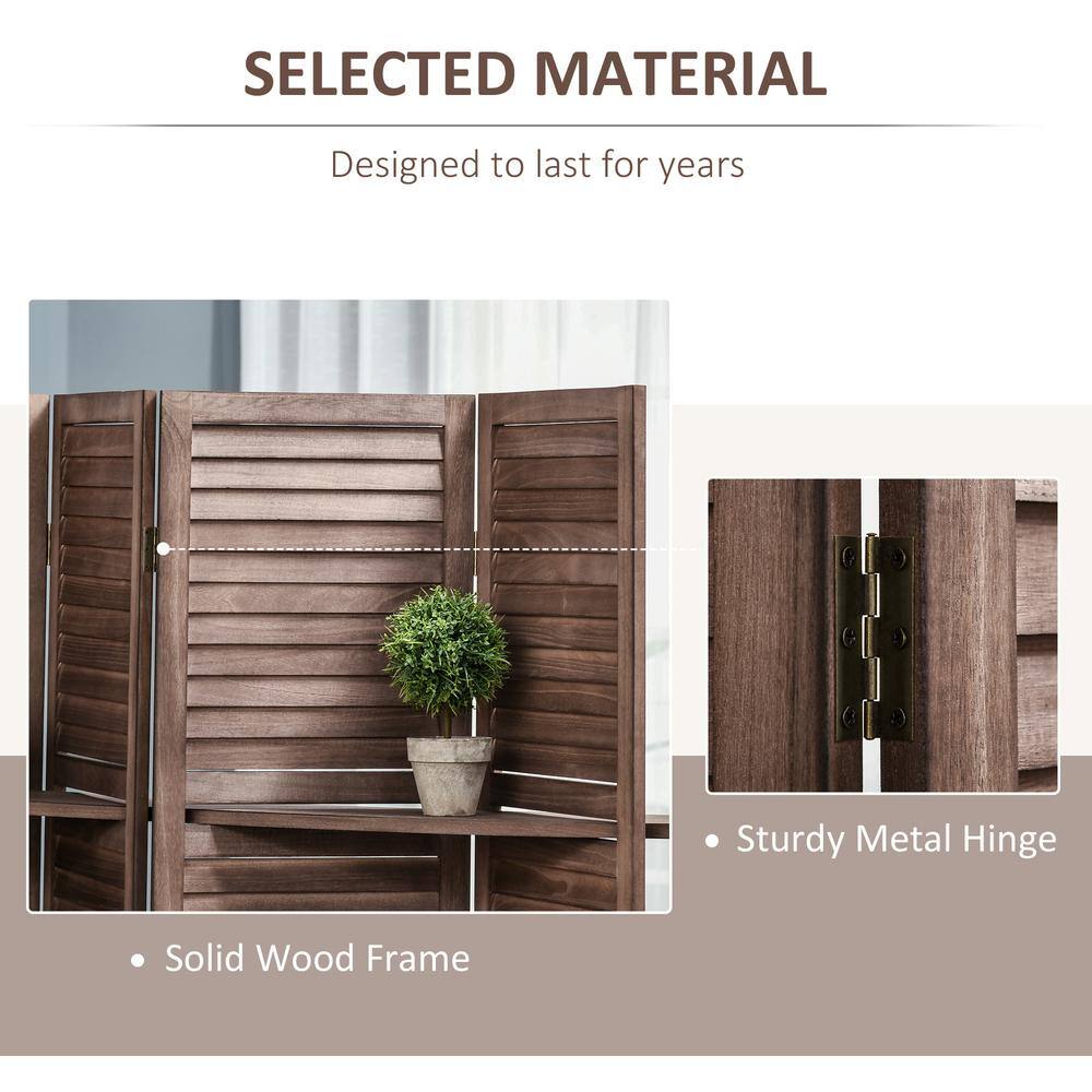 Dark Wood 4-Panel Folding Room Divider with Shelves