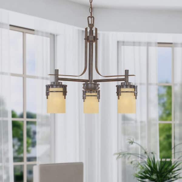 Mission Ridge 3-Light Warm mahogany Mission Shaded Chandelier for Dining Areas with No Bulbs Included