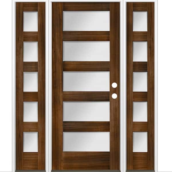 Krosswood Doors 64 in. x 80 in. Modern Douglas Fir 5-Lite Left-Hand/Inswing Frosted Glass Provincial Stain Wood Prehung Front Door w/DSL