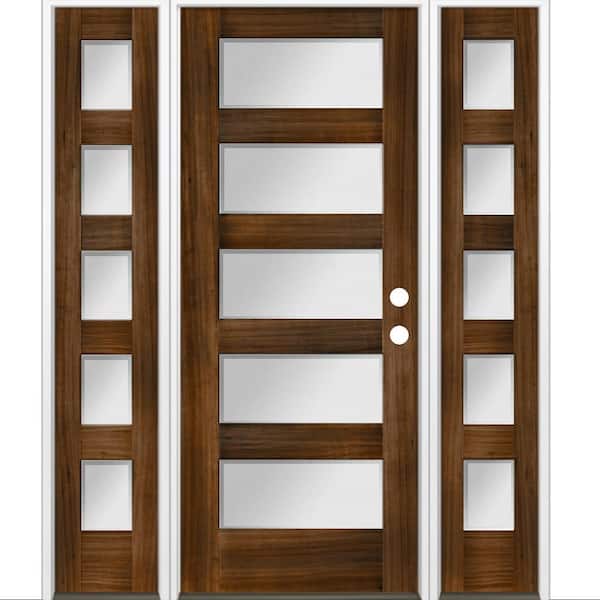 Krosswood Doors 64 in. x 80 in. Modern Hemlock 5-Lite Left-Hand/Inswing Frosted Glass Provincial Stain Wood Prehung Front Door w/DSL