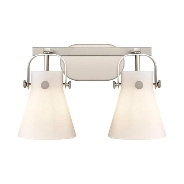 Innovations Pilaster II Cone 17 in. 2-Light Satin Nickel Vanity Light with Glass Shade