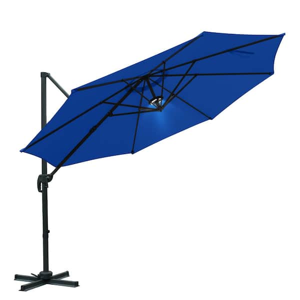 LAUREL CANYON 10 ft. Aluminum Offset Cantilever Adjustable Vertical Tilt Round Patio Umbrella with LED Light in Blue