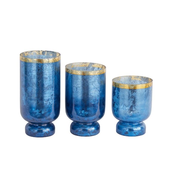Litton Lane Blue Glass Pillar Hurricane Lamp (Set of 3)