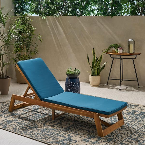 Noble House Maki Teak Brown 1-Piece Wood Outdoor Patio Chaise Lounge with Blue Cushions