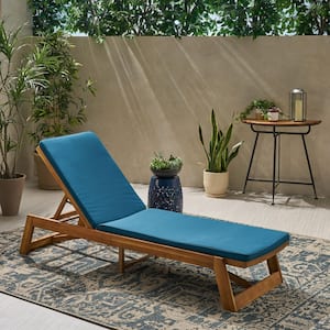 Maki Teak Brown 1-Piece Wood Outdoor Patio Chaise Lounge with Blue Cushions