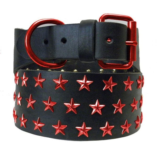 Platinum Pets 31 in. Black Genuine Leather Dog Collar in Red Stars