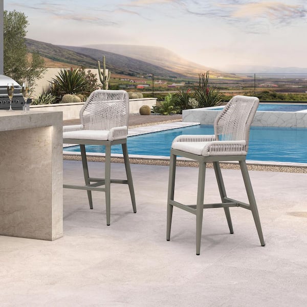 Modern Aluminum Twill Wicker Woven Bar Height Outdoor Bar Stool with Back and Beige Cushion (4-Pack)