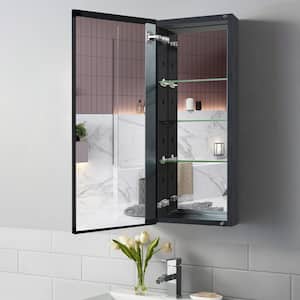 15 in. W x 36 in. H Black Aluminum Recessed/Surface Mount Bathroom Medicine Cabinet with Mirror, 3 Glass shelves