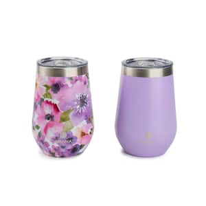 12 oz. Purple Floral Stainless Steel Stemless Wine Tumbler (2-Pack)