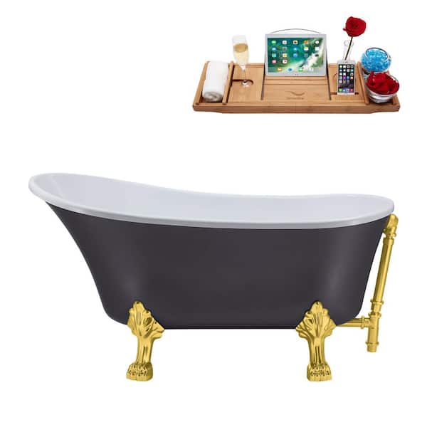 Streamline 55 in. Acrylic Clawfoot Non-Whirlpool Bathtub in Matte Grey With Polished Gold Clawfeet And Polished Gold Drain