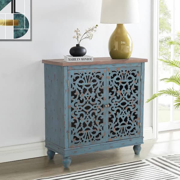 PHI VILLA Hollow-Carved Blue Rustic 2-Door Distressed Accent Storage Cabinet