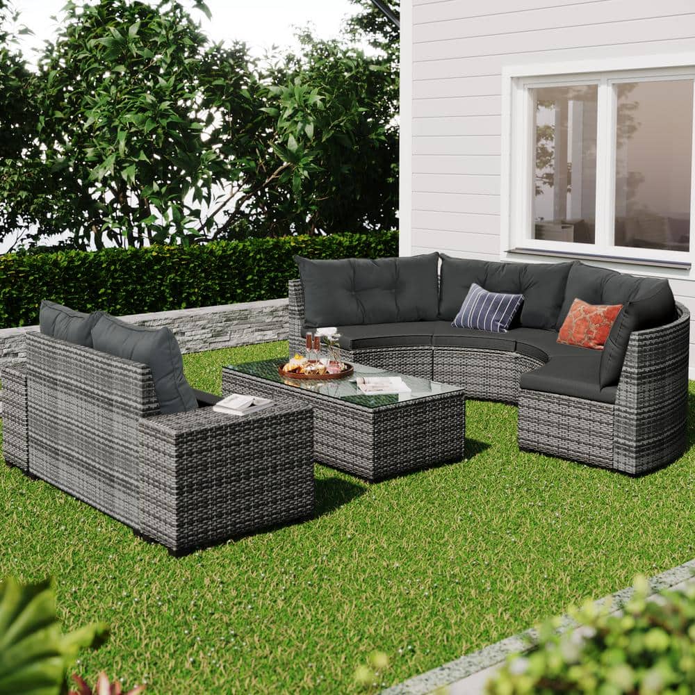8-Piece Gray Wicker Outdoor Half-Moon Sectional Set with Rectangular Coffee