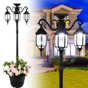 Madison 3-Light Black Integrated LED Solar Lamp Post and Planter