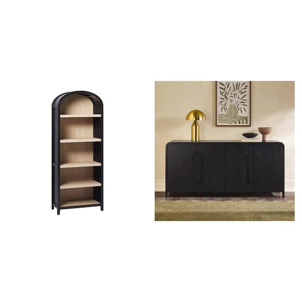 Modern Black MDF 64 in. Sideboard and Arched 76 in. Black Wood 5-Shelf Bookcase Combo