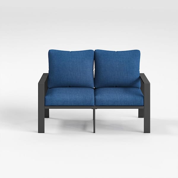 Gray Aluminum Outdoor Loveseat with Navy Blue Cushions