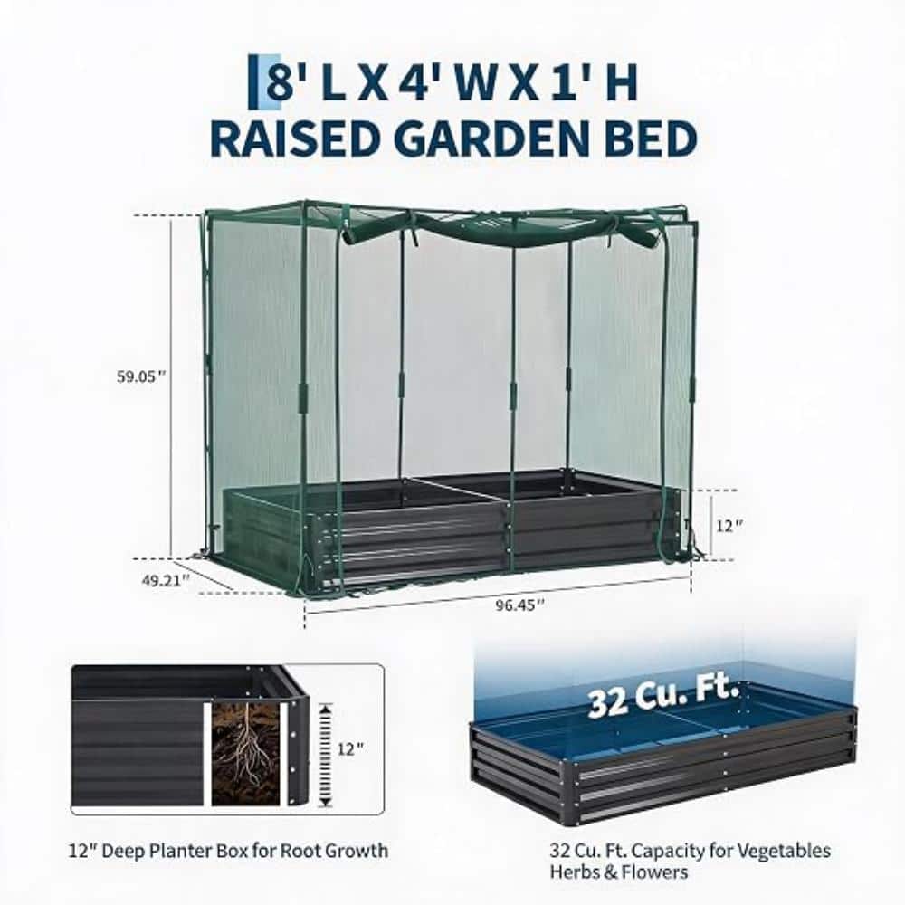8x4ft Galvanized Raised Garden Bed with Cover Cage, Metal Planter Box,Netting&Shade Cloth, Zippered Door, Planting Card price history