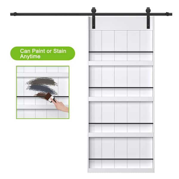 ARK DESIGN 42 in. x 84 in. White Primed Composite MDF Shelves Sliding Barn Door with Hardware Kit