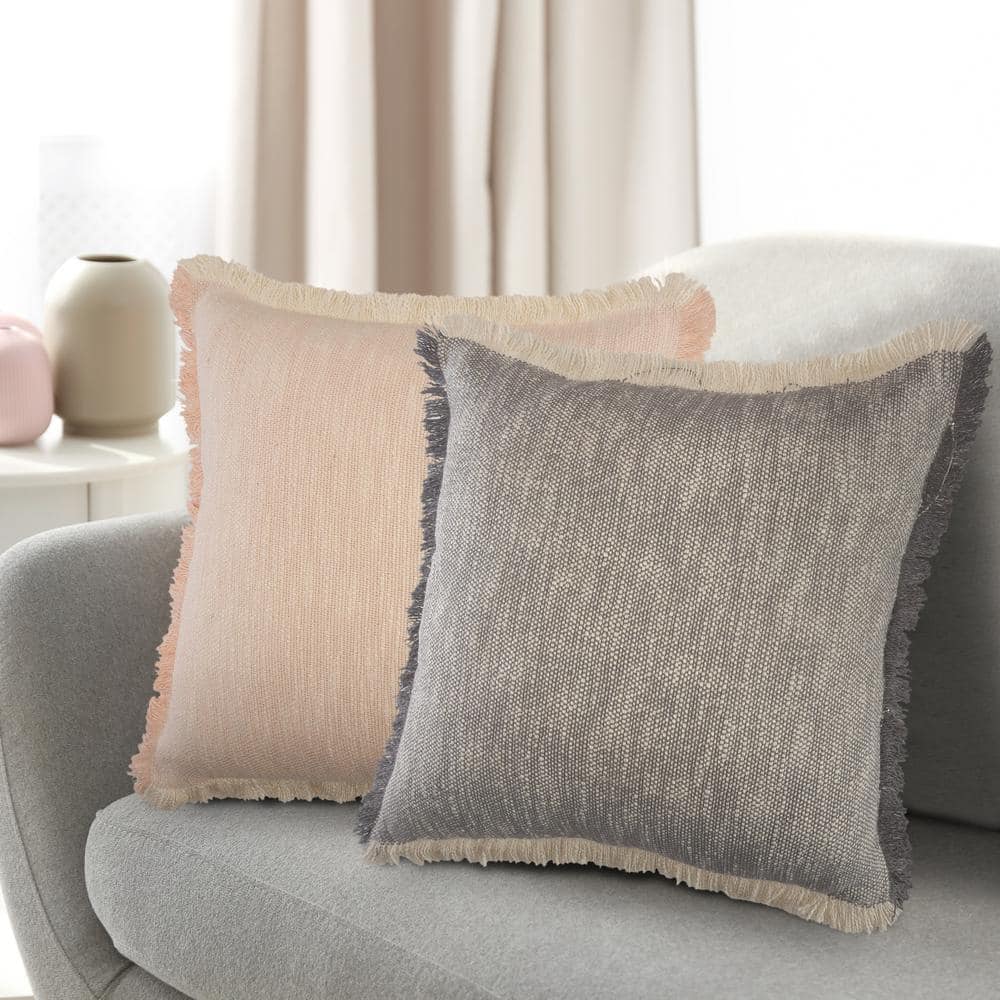 Gray and White Two-Tone Fringe Woven Throw Pillow, 20" x 20"