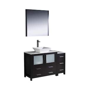 Torino 48 in. Vanity in Espresso with Glass Stone Vanity Top in White with White Basin and Mirror (Faucet Not Included)