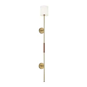 6 in. W x 55 in. H 1-Light Natural Brass Wall Sconce with White Fabric Shade and Leather Accent