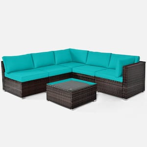 6-Piece Rattan Patio Furniture Set Cushioned Sofa Coffee Table Garden with Turquoise Cushion