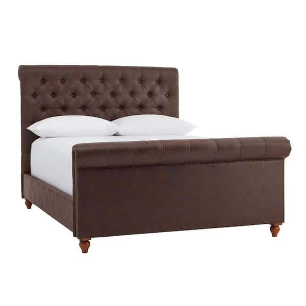 Home Decorators Collection Fenmore Walnut Finish Tufted Upholstered Bonded Leather Queen Sleigh Bed (81.5 in W. X 56.38 in H.)