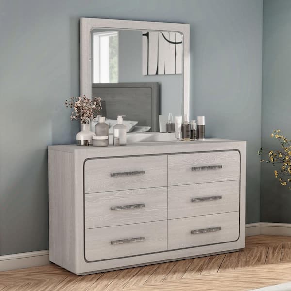 Rally White Oak 6-Drawer 62 in. Dresser with Mirror with Felt-Lined Top Drawer, Jewelry Tray and Rounded Edges