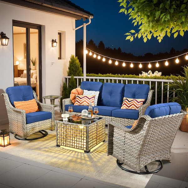 Padffie Gray 5-Piece Wicker Patio Conversation Seating Set with Navy Blue Cushions and Swivel Rocking Chairs
