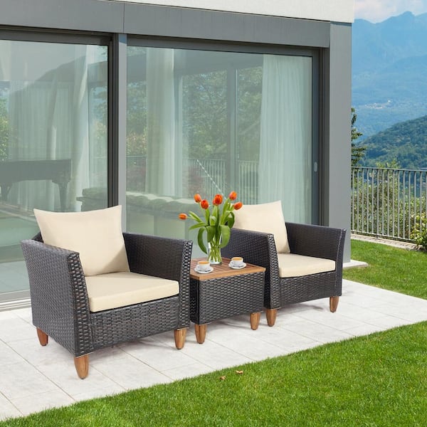 FORCLOVER 3-Pieces Wicker Patio Rattan Conversation Set with Beige Cushions and Wooden Table Top