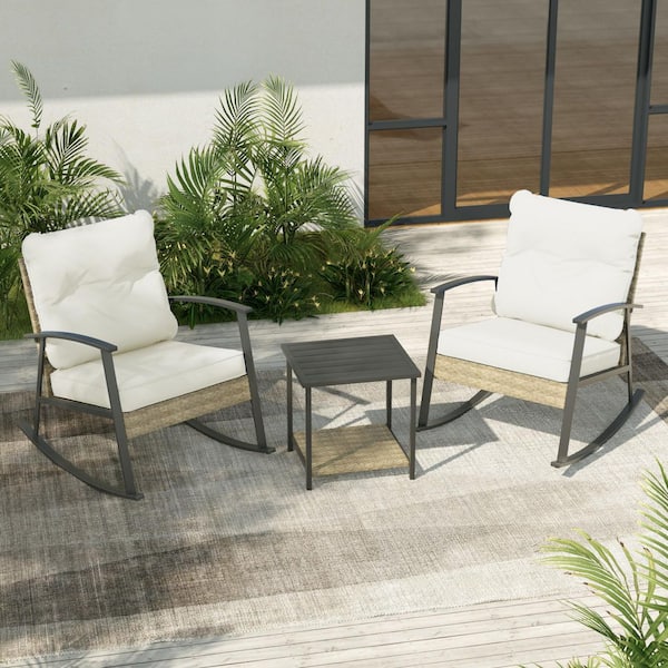 JOYESERY Outdoor Rocking Bistro Set  Patio Porch Furniture Patio Chairs (Set of 2) with Side Table and Beige Cushions (3-Piece)