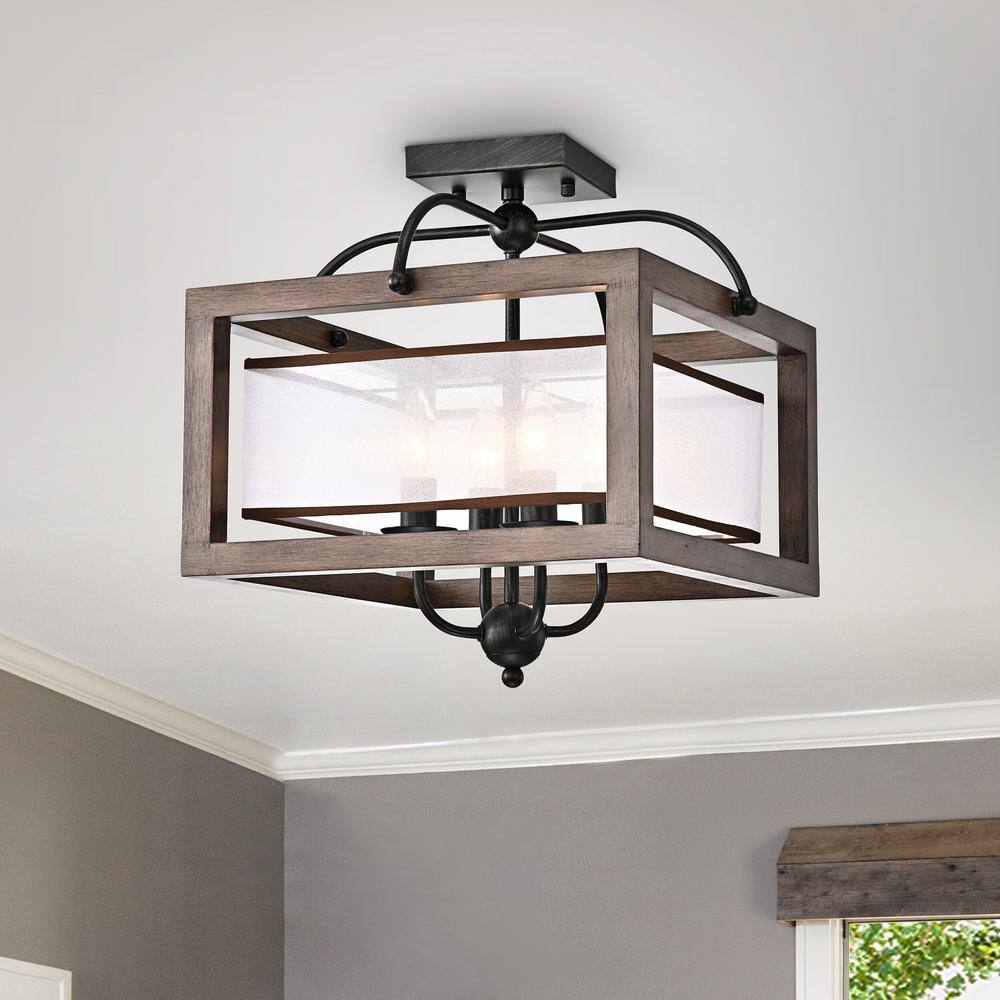 Antique Black and Wood Flush Mount Light with Fabric Shade