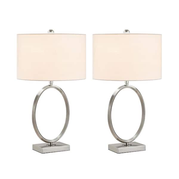 KAWOTI 24.75 in. Brushed Nickel Table Lamp Set and White Fabric Shade