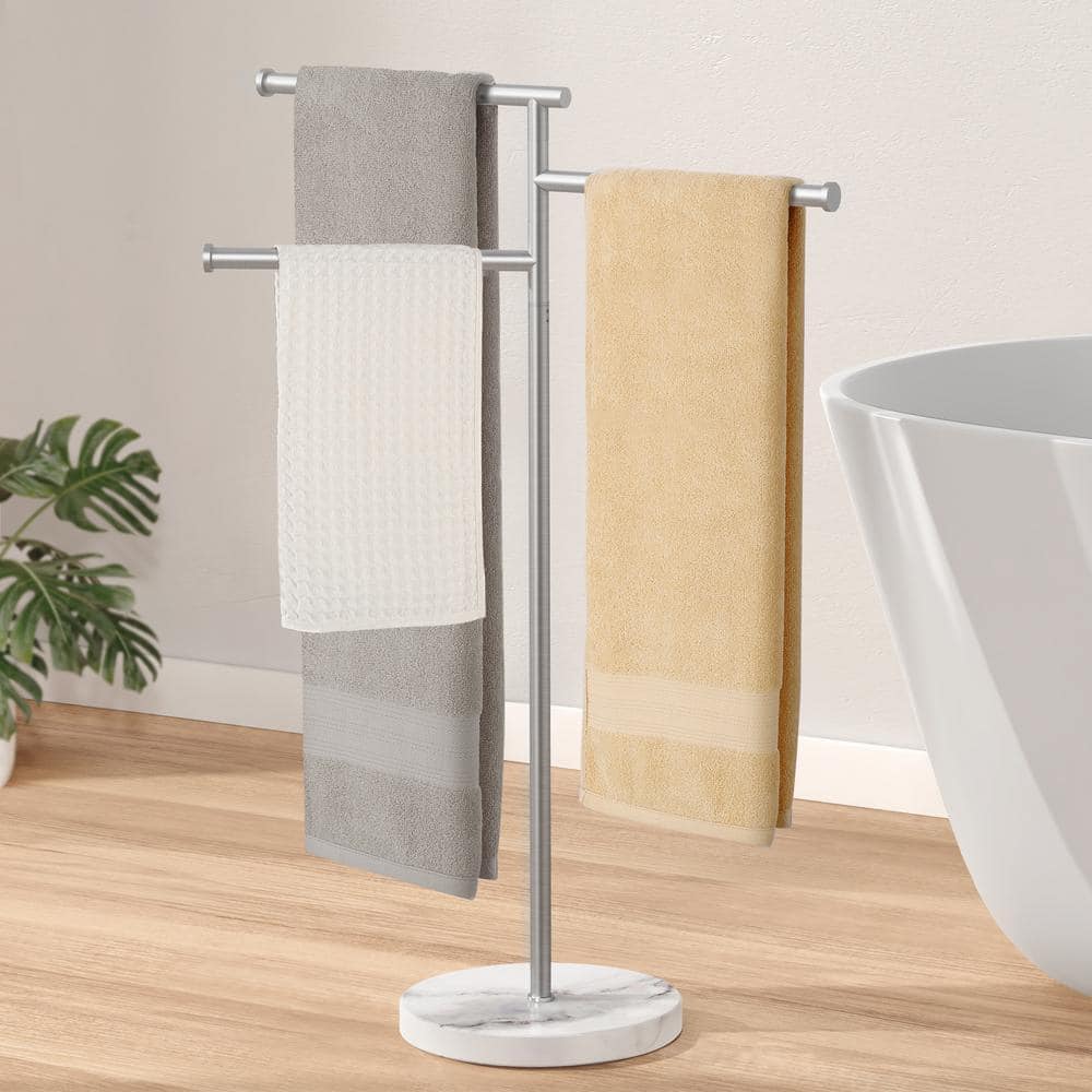 Brushed Steel Freestanding Towel Rack with Marble Base