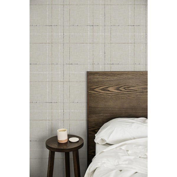 60.75 sq. ft. Greige Gorton Plaid Embossed Vinyl Unpasted Wallpaper Roll