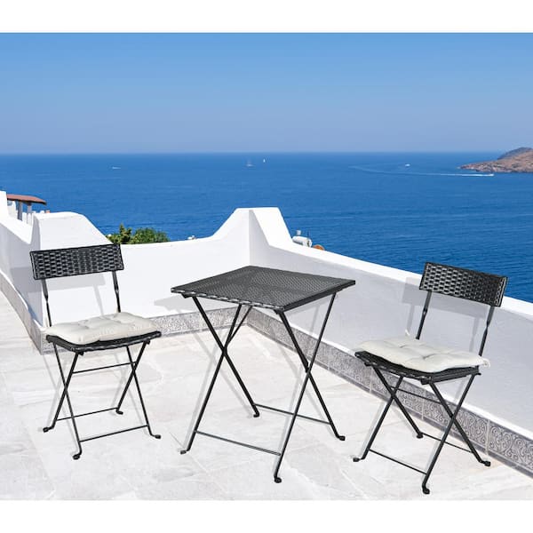 Tunearary Modern 3-Piece Black Wicker Folding Outdoor Bistro Set with Table, Beige Cushions