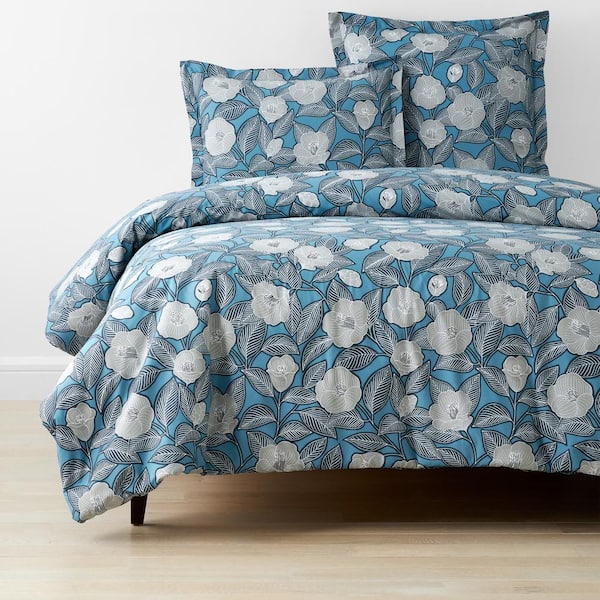 The Company Store Company Cotton Blue/Gray Primrose Floral King Cotton Percale Duvet Cover