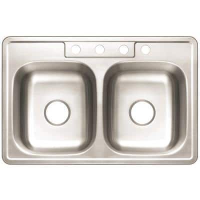Drop-In Stainless Steel Kitchen Sink 33 in. 4-Hole Double Bowl Kitchen Sink with Brush Finish