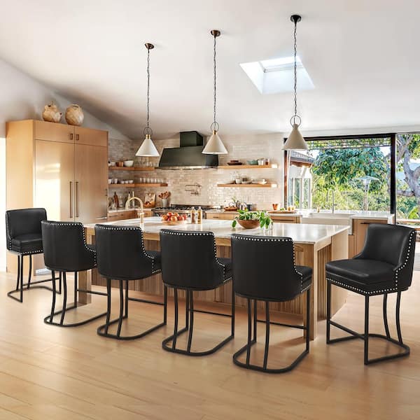 Aurora 26 in. Black Faux Leather Upholstered Counter Height Bar Stool with Double Cushion Counter Stool Set of 6