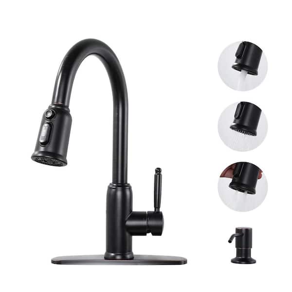 WOWOW Elegant Stainless Steel Single Handle Pull Down Sprayer Kitchen Faucet with Soap Dispenser in Oil Rubbed Bronze